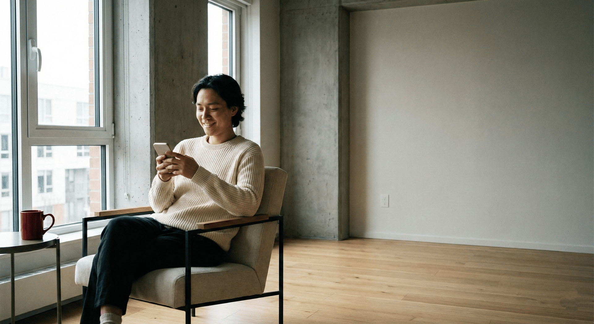 Person using laptop in modern living room